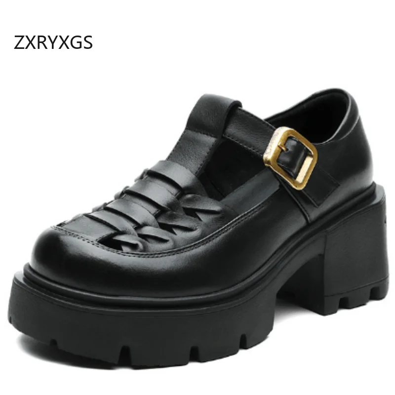 

ZXRYXGS 2025 Top Layer Cowhide Round Toe Hollow Breathable Sandals Women Genuine Leather Shoes Thick Sole Heighten High Heels