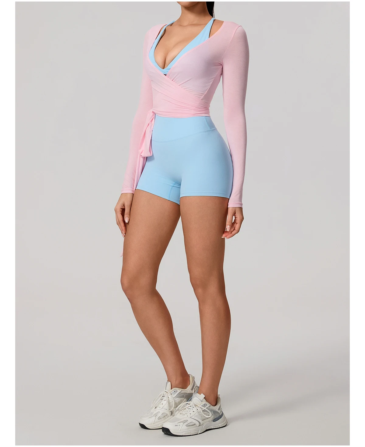 Neues Sommer-Damen-Yoga-Langarm-Einteiler-Oberteil mit Trägern – Premium-Ballett-Wrap-Top für Damen – Sport-Top für das Training – Detail 22