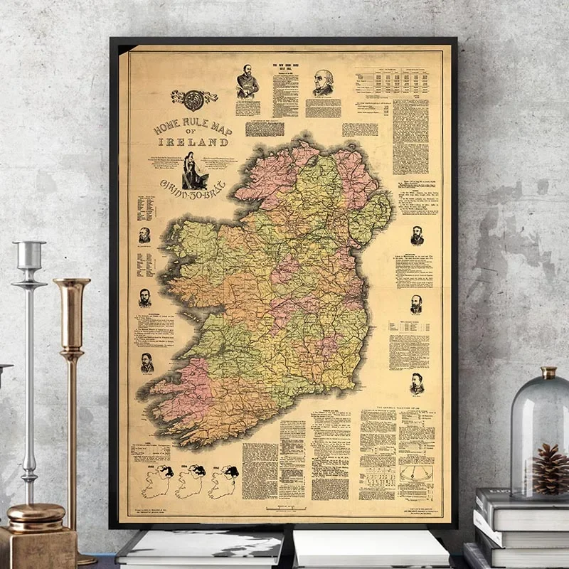 Arte de pared de lienzo al óleo de mapa Vintage abstracto moderno de Irlanda para decoración de sala de estar, impresiones decorativas sin marco, carteles