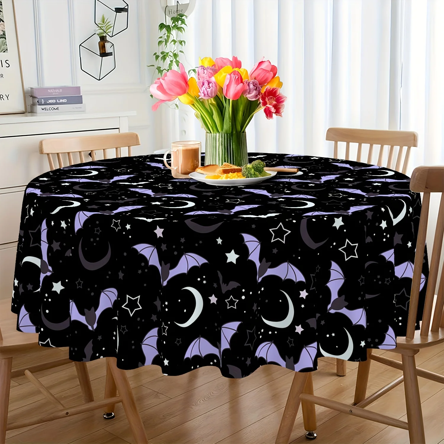 One Halloween tablecloth - Purple, black and white bat, moon and star table decoration.zyc