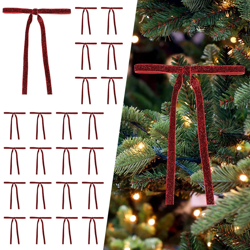 12 Stücke Rot Gold Weihnachten Bögen Glitter Samt Weihnachtsbaum Hängende Band Ornamente Neujahr Geschenkverpackung Dekoration DIY Handwerk