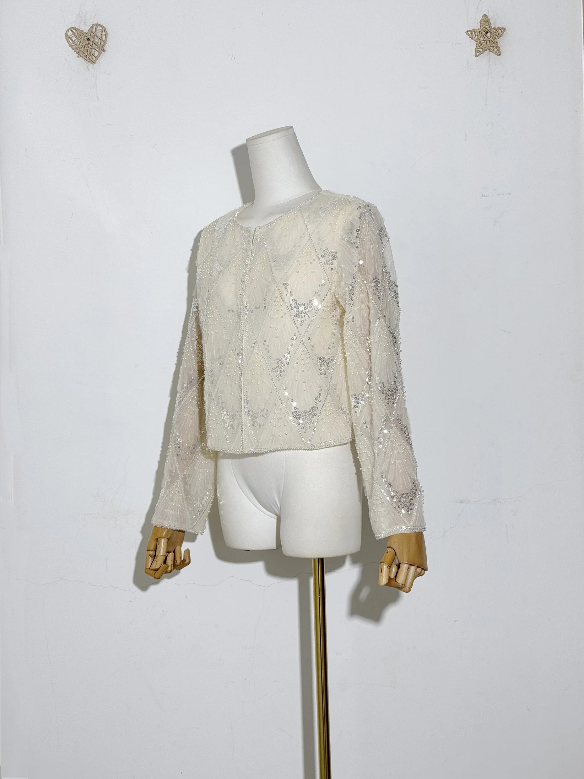 새로운 무거운 자수 유럽 및 미국 패션 여성 스팽글 진주 페르시 오-넥 긴 소매 메쉬 카디건 블라우스 탑 코트 자켓