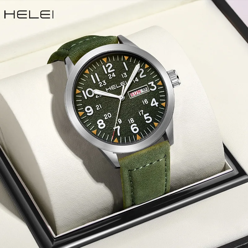 New brand HELEI men's watch leather waterproof luminous watch quartz watch calendar week display