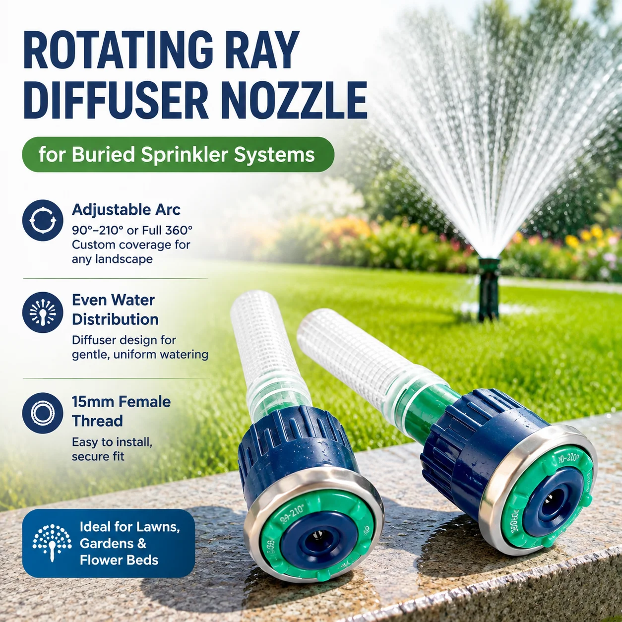 Rotating Ray Diffuser Nozzle for Buried Sprinkler, 90°-210° Adjustable Arc, 360° Option, 15mm Female Thread, Spray Radius