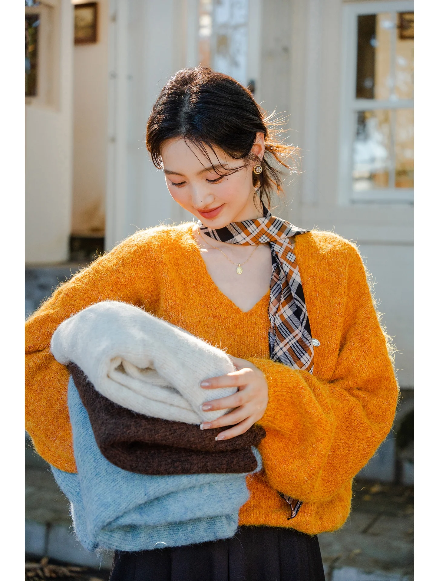 

Оранжевый вязаный шерстяной свитер-жилет с V-образным вырезом для женщин, осенне-зимний, теплый, серия Advanced Sensation