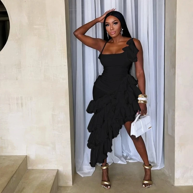 BWQ 여성 캐스 케이 딩 프릴 높은 분할 불규칙 드레스 2025 여름 생일 휴일 나이트 클럽 파티 Vestidos 섹시한 드레스