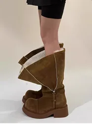 Winter Dames Laarzen Platform Schoenen Laarzen Zapatos Mujer Warm Houden Halfhoge Snowboots Dames Zijknop Comfortabel Bruin Lang