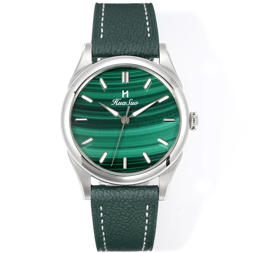 HUASUO 38mm Natural Nemstone Dial Men Watch PT5000 Automatic Mechanical Waterproof Luxury Genuine Leather Business Wristwatch