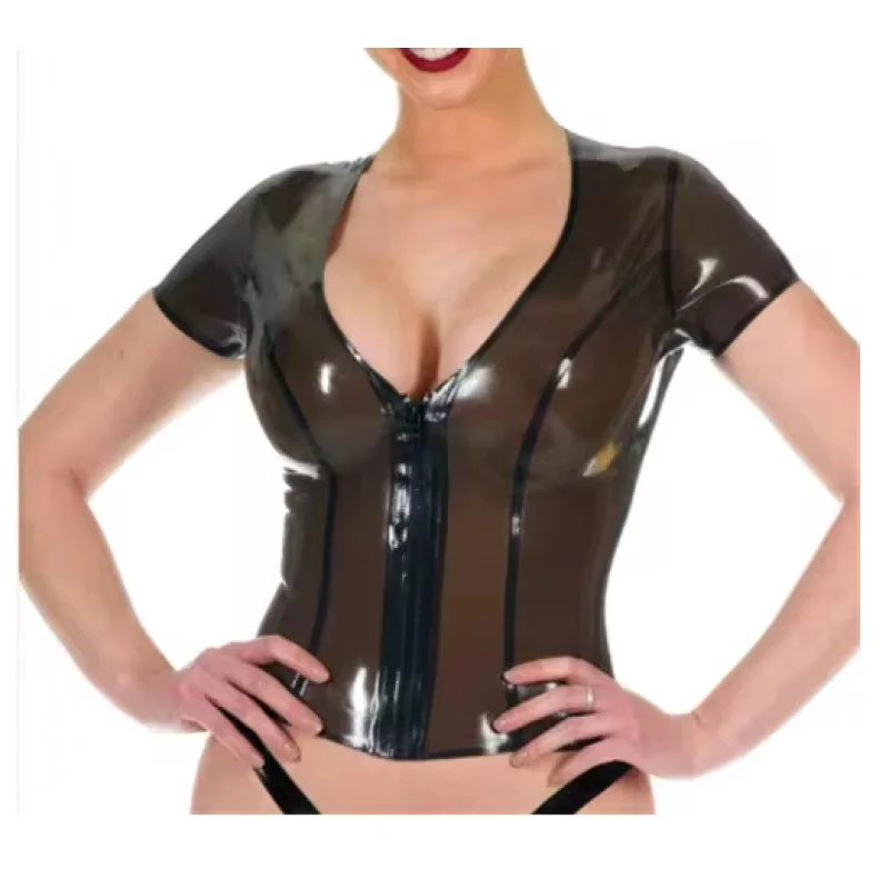 Latex Tops T-shirt Rubber Club Transparent Black Sexy Shorts Sleeve V-neck