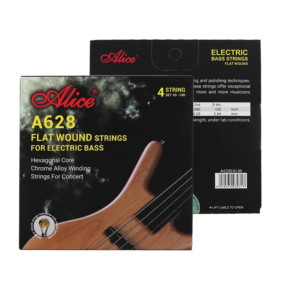 Alice A628-M Fretless Bass Strings – 4-String Set, Flatwound, Chrome Alloy, 45-100 Gauge, Hexagonal Core, for Electric Bass