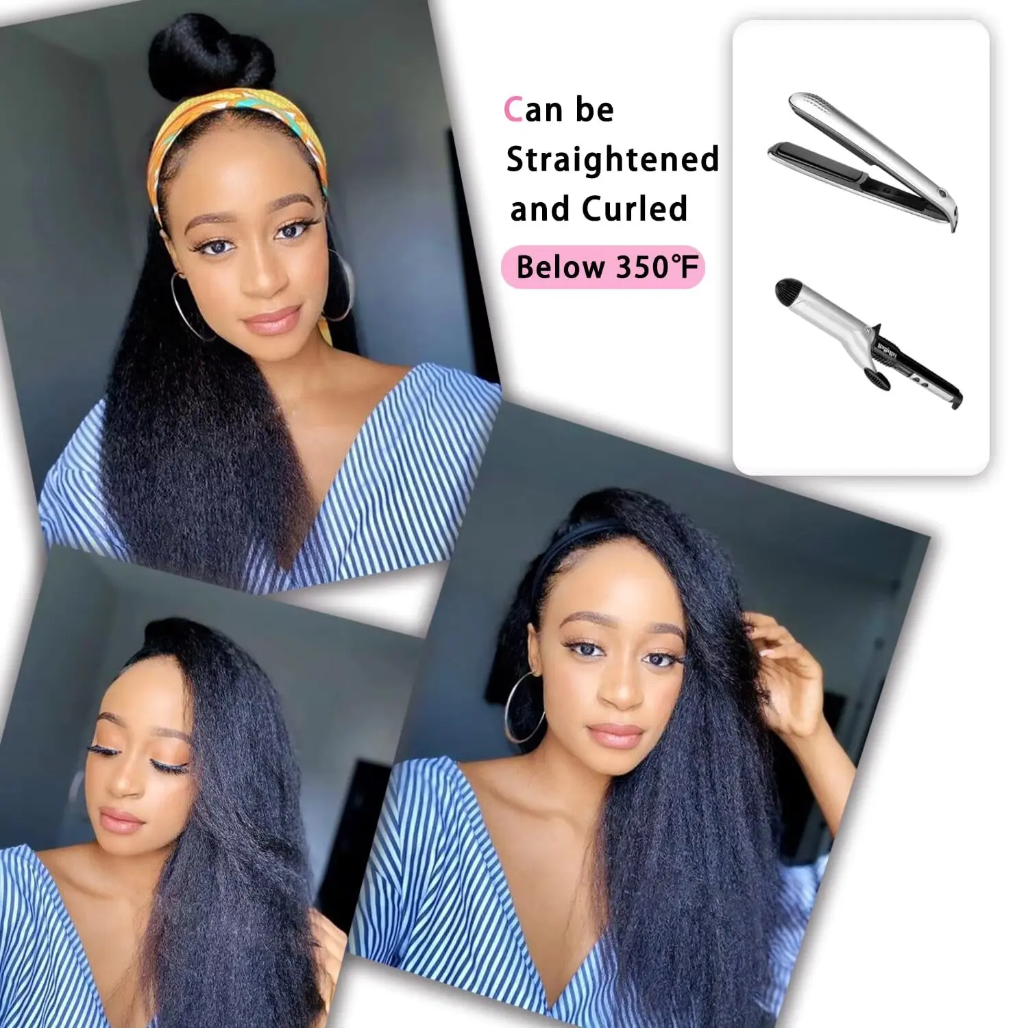 Synthetic Kinky Straight Headband Wig for Women Black Yaki Straight Wigs with Black Headband Kinky Afro Wigs for Black Women