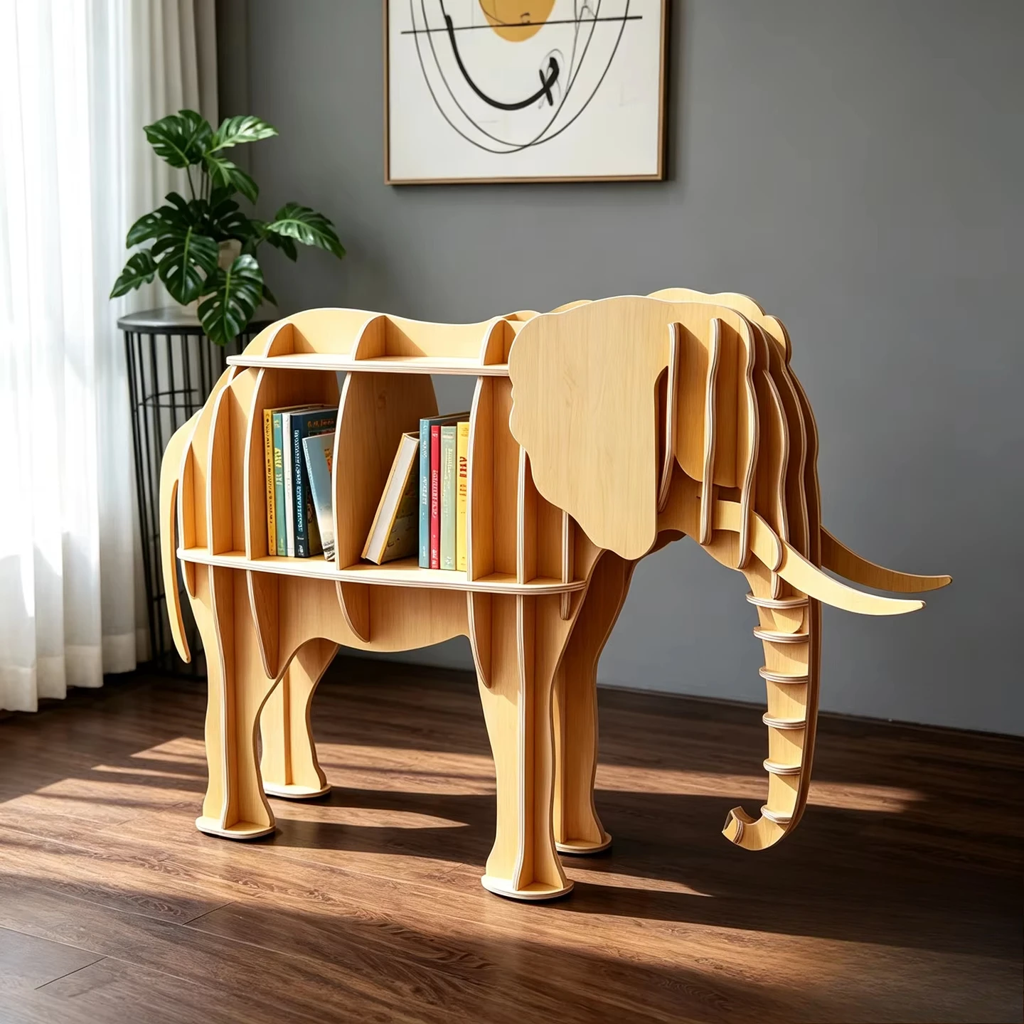 School library animal storage shelves, center cartoon bookshelves