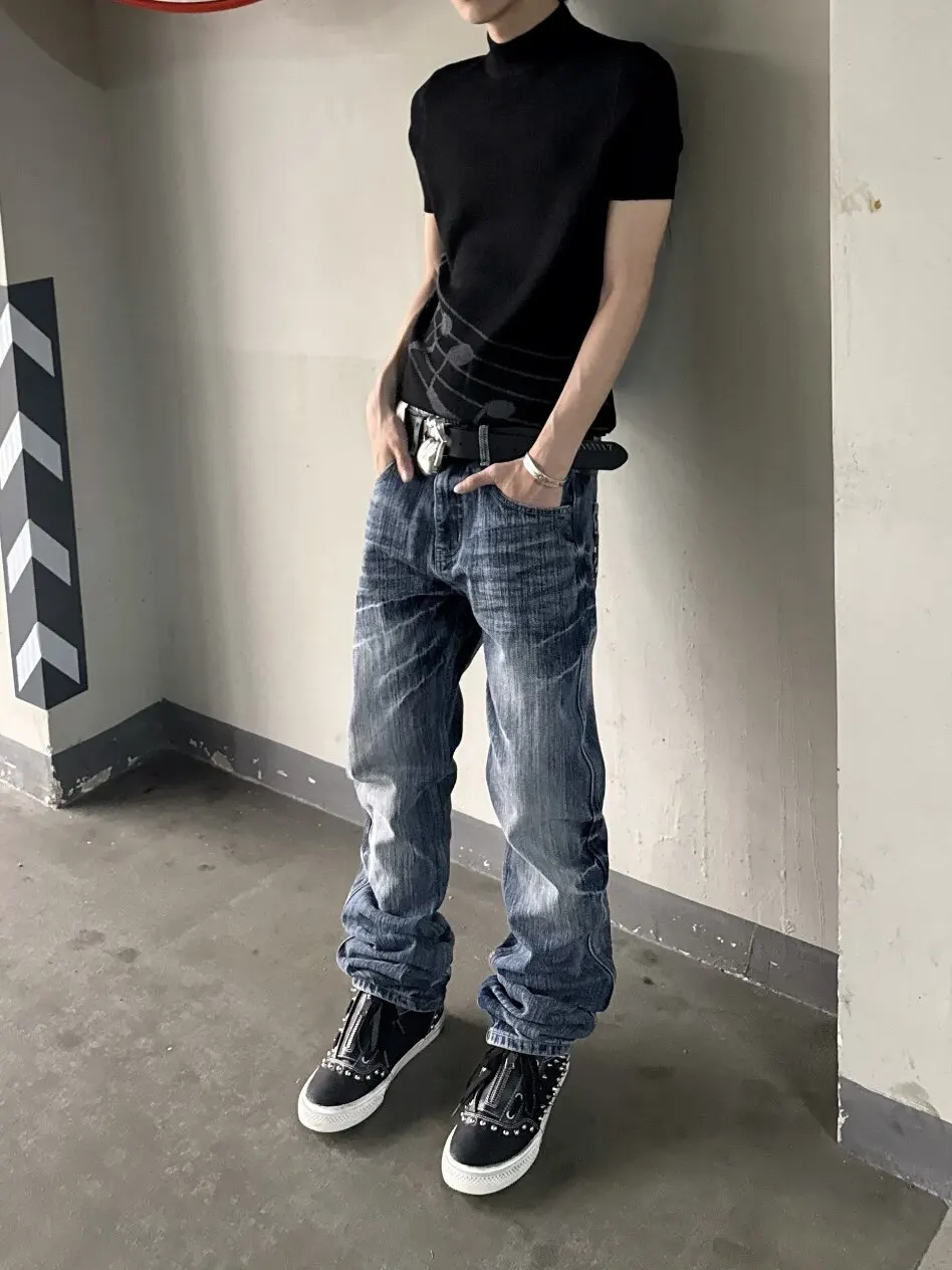 Retro American High Street Ghost Straight Leg Jeans Men's CleanFit Retro Lightning Print Back Pocket Denim Pants Casual Loose...