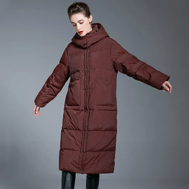 Women's Winter New Loose Fit Long Hooded 90 White Duck down Jacket Style Windproof Warm Outerwear Comfortable Casual Style