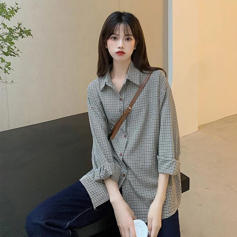 MEXZT camicie a quadri donna Retro Turn Down Collar camicette larghe a maniche lunghe Harajuku coreano Office Lady Basic Casual Baggy Tops