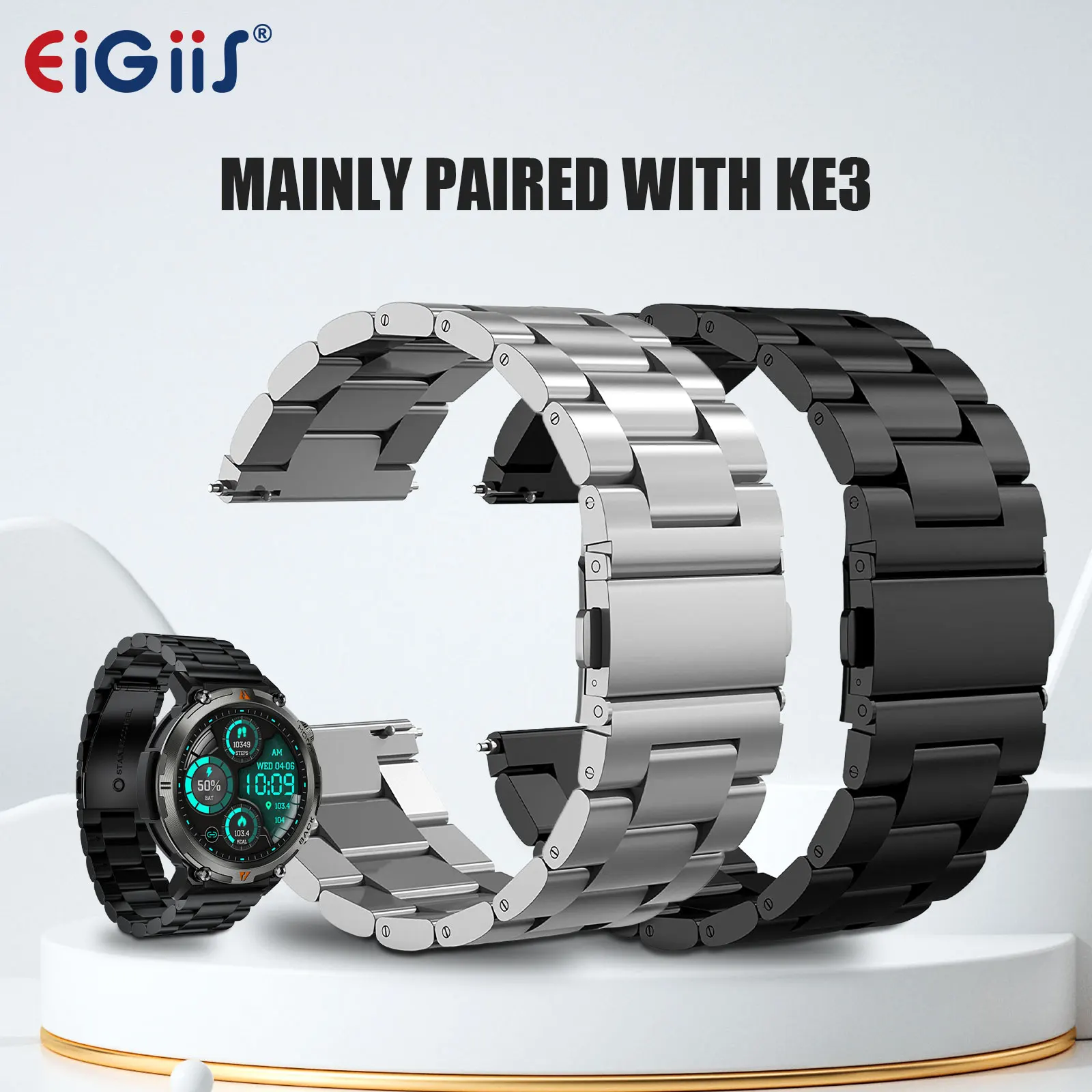 EIGIIS KE3 Stainless Steel Metal Replacement Straps Compatible for KE3,KE5 with Watch strap switch ear+detachable watch needle