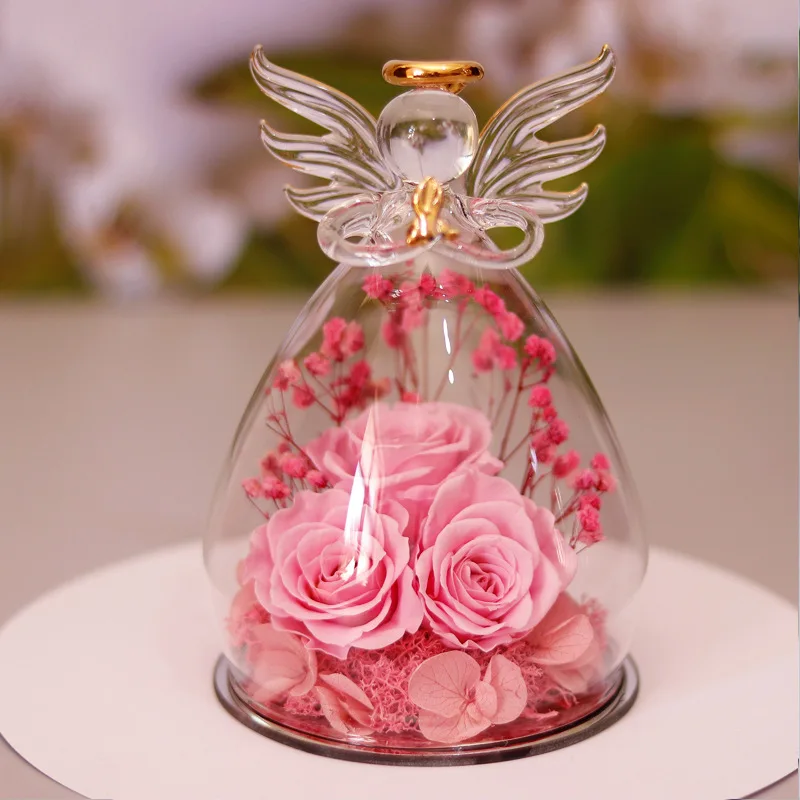 Preserved Real Rose in Angel Glass Figurines Romantic Eternal Roses Glass Ornaments for Anniversary Christmas Valentines Gifts