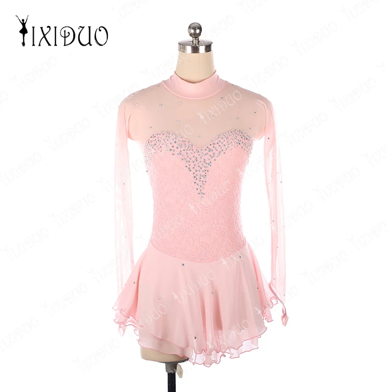 

Women Figure Skating Dress Customization Competition Women and Children's Performance Water Diamond Round Neck Long Sleeve Pink