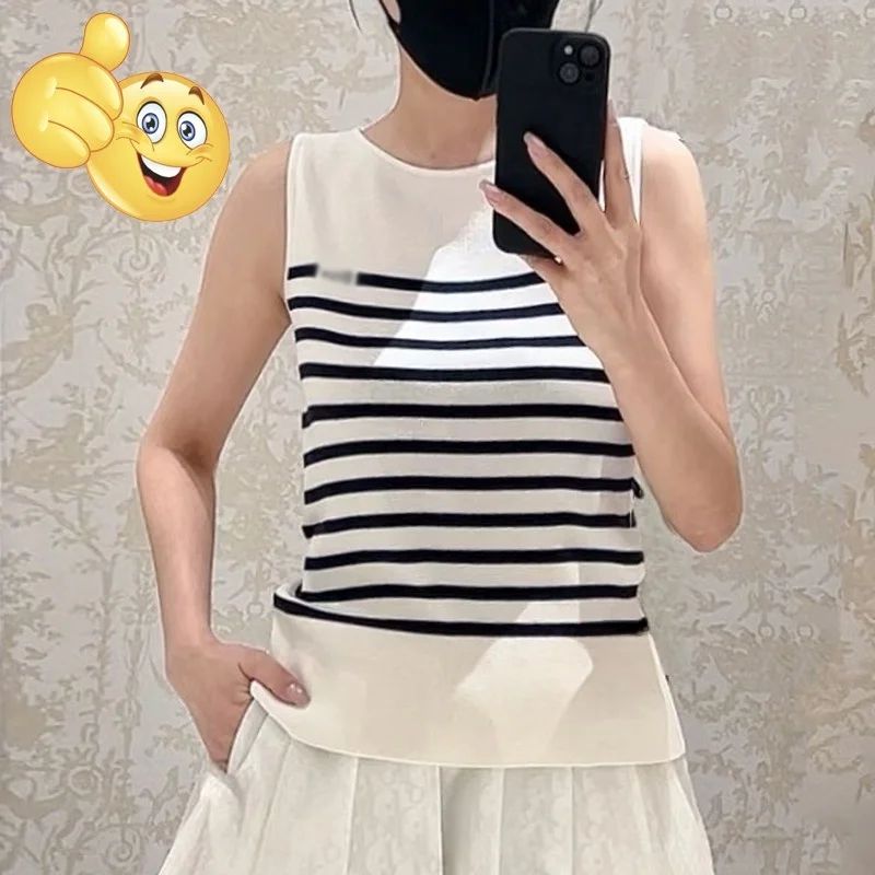 

Black White Striped Letter Embroidered round Neck Elastic Slim Fit Cotton Knitted Vest 2026 New Style Simple Fashion Women's ...
