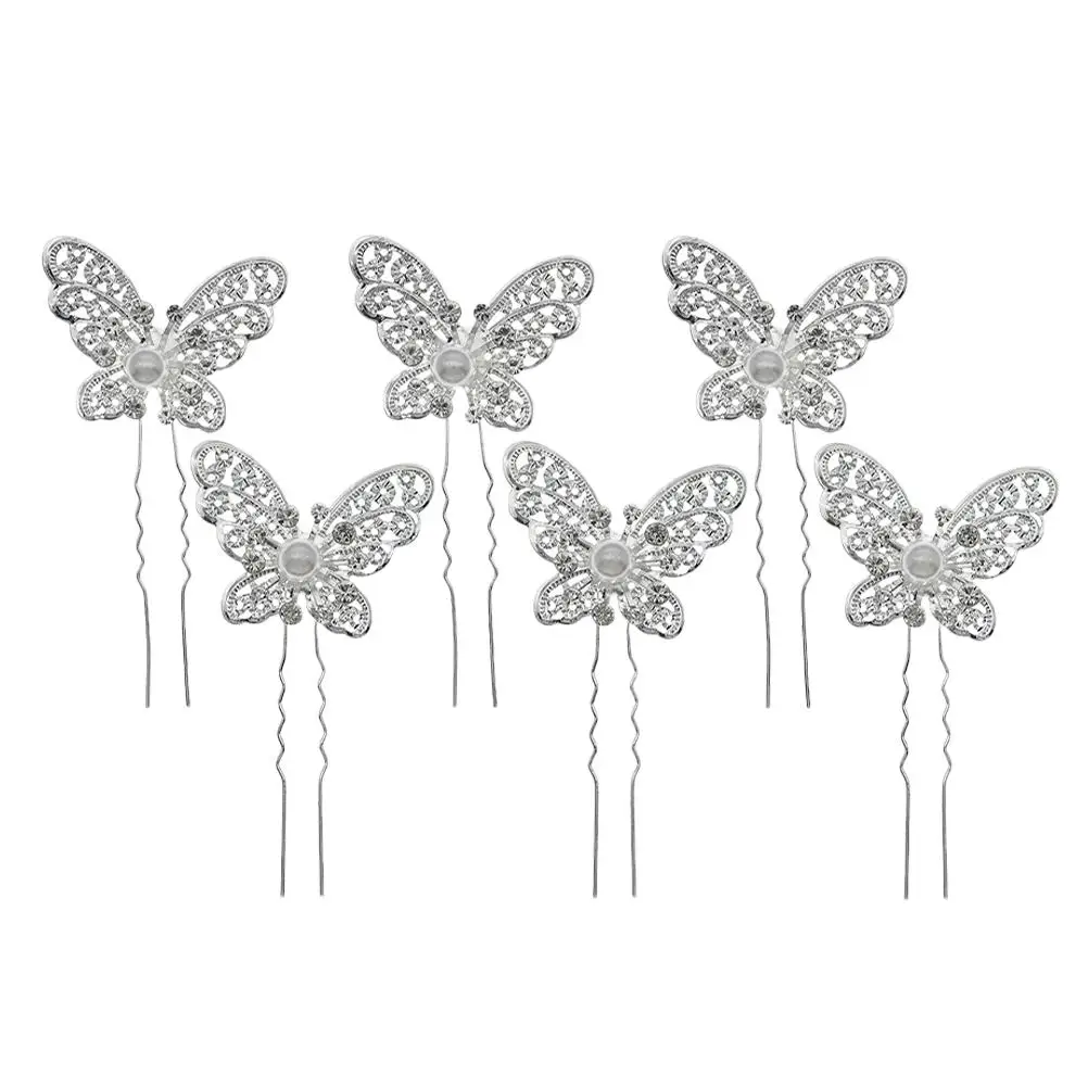

6 Pcs Pearl Hairpins Butterfly shaped Clips for Bridal Wedding Party Accessories Rhinestone Decorated Hairnaments