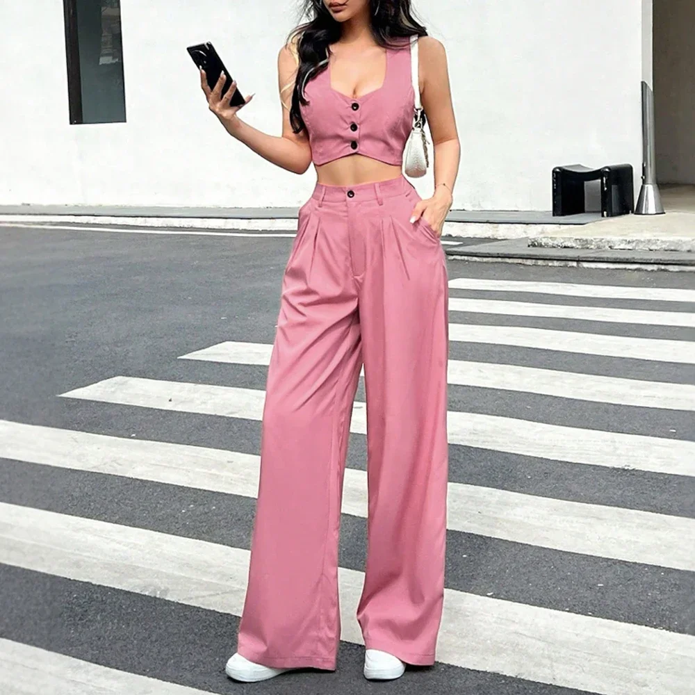 

Sets Summer K-Style Solid Color Button Sleeveless Square Neck High Waist Straight Pant Streetwear Sets For Women