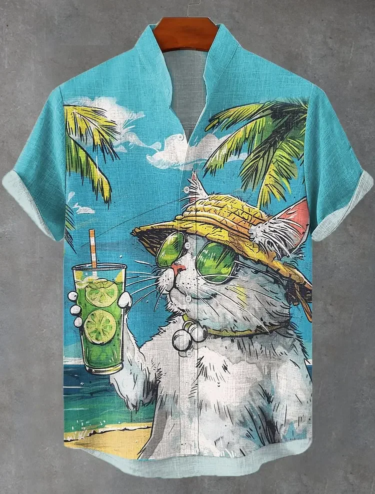 Camisa havaiana com estampa de gato engraçado masculino, camisa havaiana com estampa completa 3d para homens e mulheres, verão, manga curta, lapela, camisa aloha