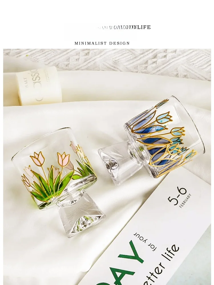 

Tlife Floral Glass Cup Creative High Aesthetic Value Tulip Painted Water Glass Cup Wine Glass Infusion Flower Single Layer ro...