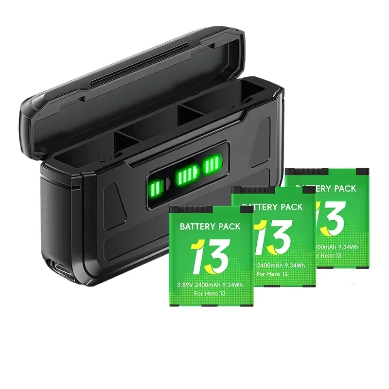 [New] 3.89V 2400mAh 9.34Wh for Hero 13 Battery +Type-C 3 Slots Fast Charging Case Storage Box for Hero 13 Power