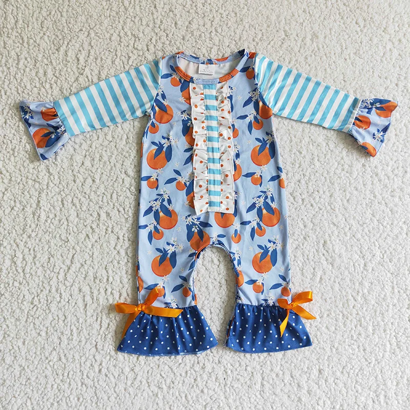 

Toddler Fruitful Newborn Baby Girl Striped Long Sleeve Orange Snap Button Ruflle Dots Blue Jumpsuit Kid Children New Fall Romper