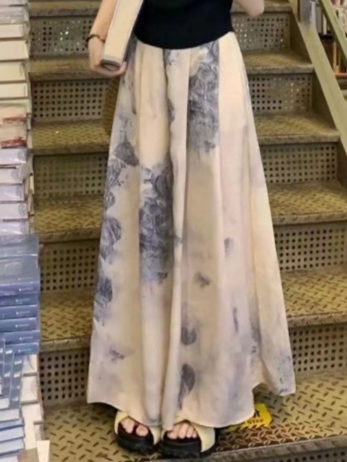 

High Waist Wide Leg Pants Skirt Women's Summer Thin Hanging Dyeing Water Washed New Chinese Style Loose Fit Casual Trousers