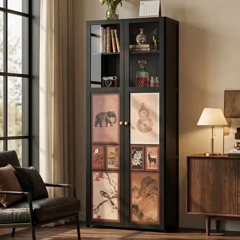 Medieval Style Modular Floor Bookcase with Glass Doors Whole Wall Display Cabinet for Living Room Home Storage