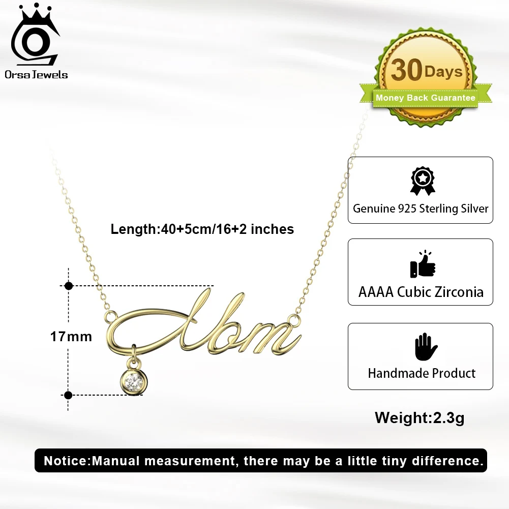 ORSA JEWELS Best Mother's Day Gift 925 Sterling Silver Mom Letter Zircon Pendant Necklace for Women Mom's Necklace Jewelry HON25