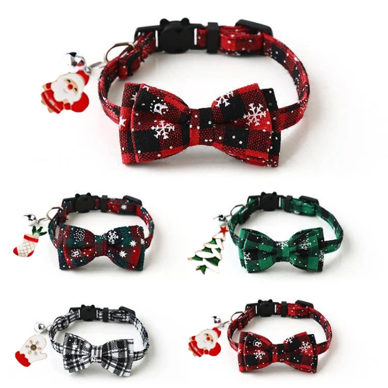 Christmas Plaid Snowflake Dog Collar with Red Elastic Adjustable Buckle Bow Tie and Bell Suitable for Small Large  Dogs Cats