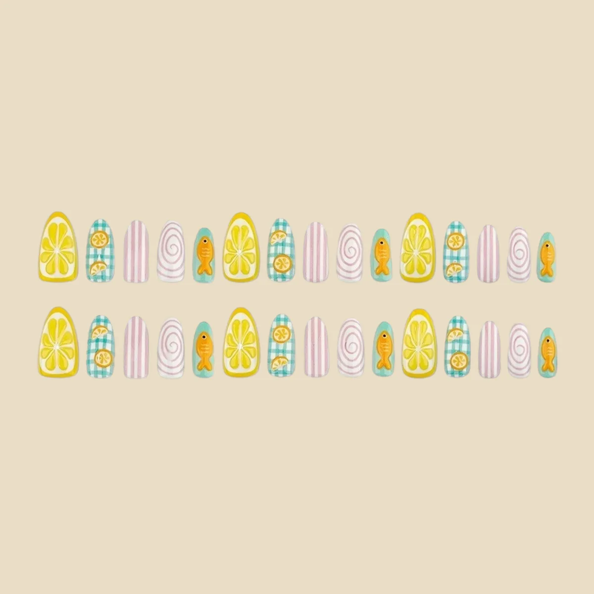 Cute Summer Fruit Fish Press on Nails Lemon Cartoon Fish Charms False Nails with Pink Stripe Print Design Manicure Fake Nails