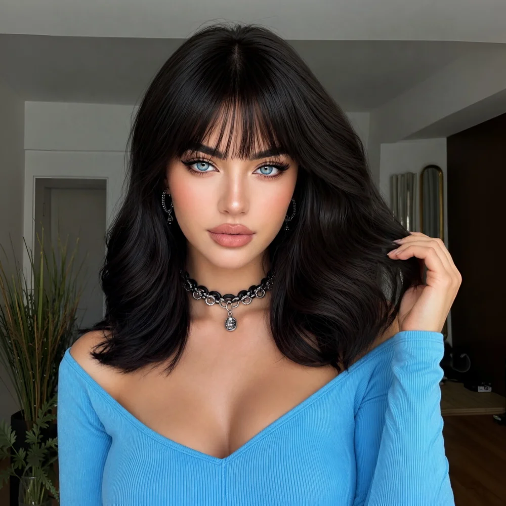 Dark Brown Medium Length Body Wave Wig With Bangs Heat Resistant Synthetic Hair Natural Looking Wigs for Women Daily Party