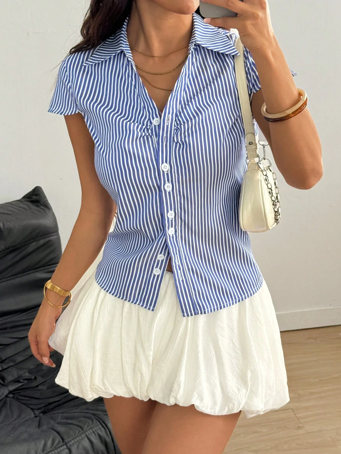 

Casual Striped Cinched Waist Short Sleeve Button Up Shirt