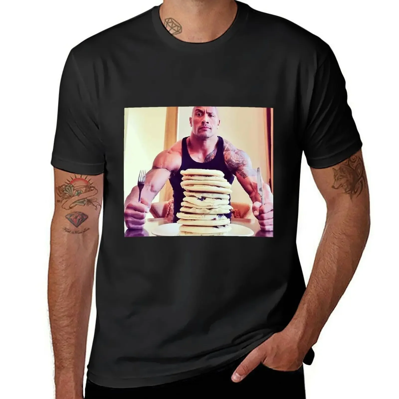 Dwayne The Rock Johnson Eating Blueberry Pancakes T-Shirt man t shirt quick-drying quick drying oversized t shirts for men