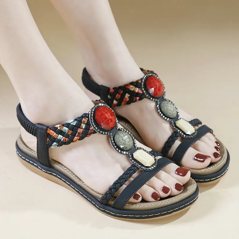 2025 summer new woman sandals Bohemia Style Flat Heels casual comfort non-slip flat sandals beaded female beach shoes plus size