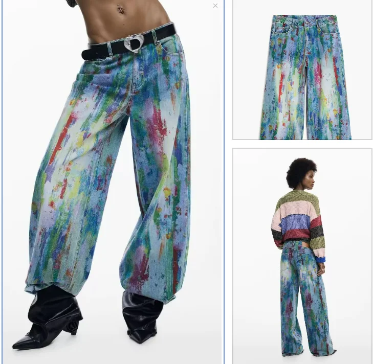 

Женские широкие брюки из испанской ткани, с эффектом песочной стирки и состаривания, с граффити-принтом, для экспорта