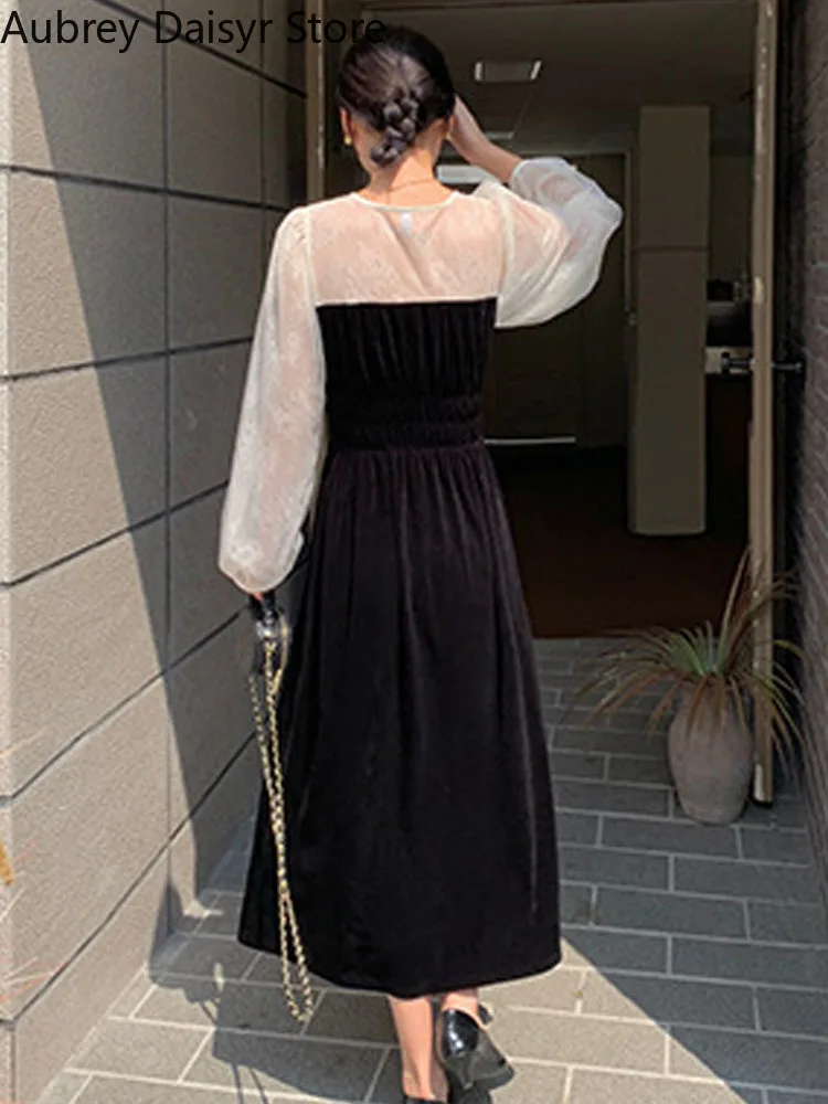 Elegant Black Velvet Midi Dress Women Korean Vintage Chic Lace Patchwork Y2k Dress Female Casual V-neck Evening Party Dress 2022