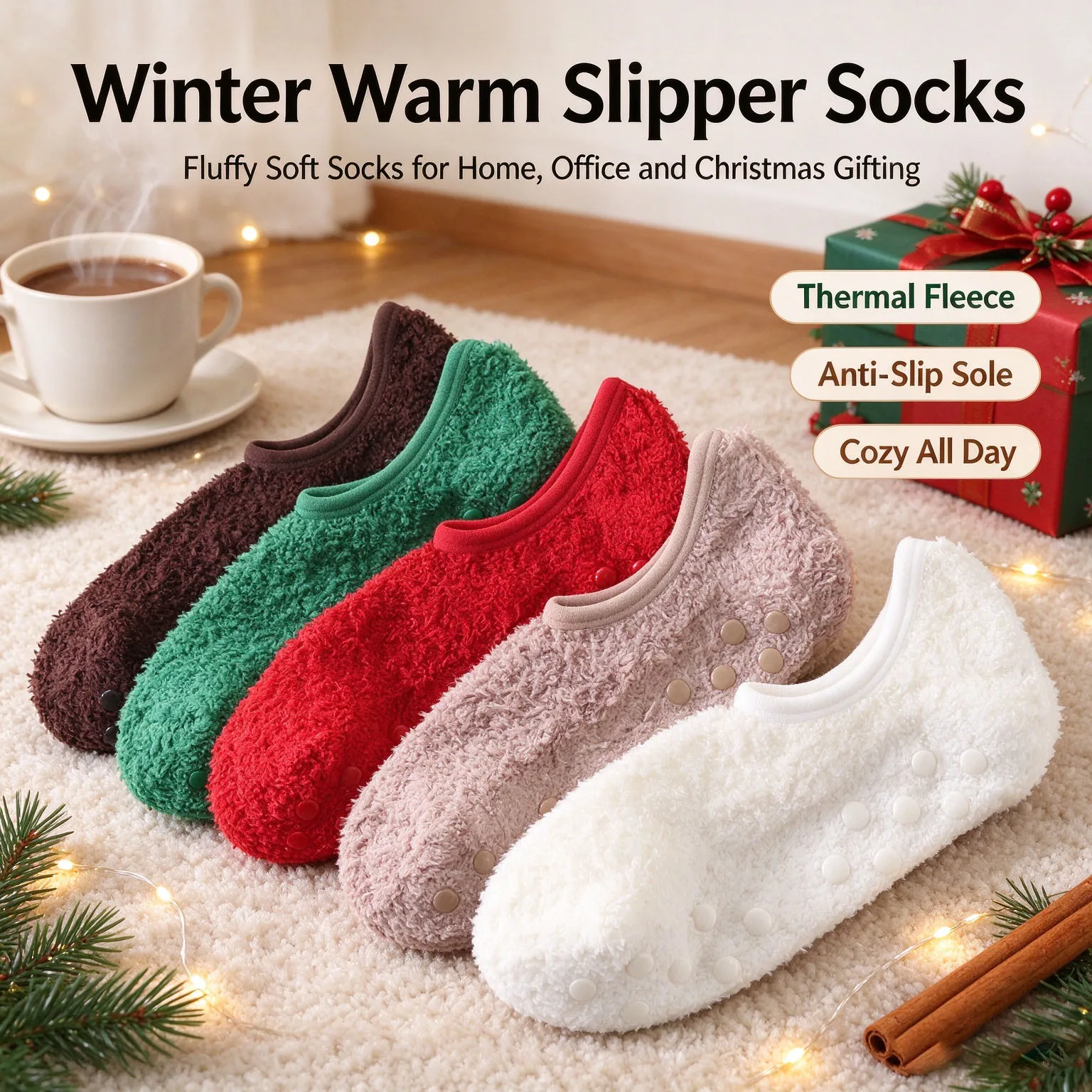 2026 Christmas Women Men Coral Fleece Boat Socks Anti-slip Silicone Home Floor Socks Winter Thermal Invisible No Show Socks