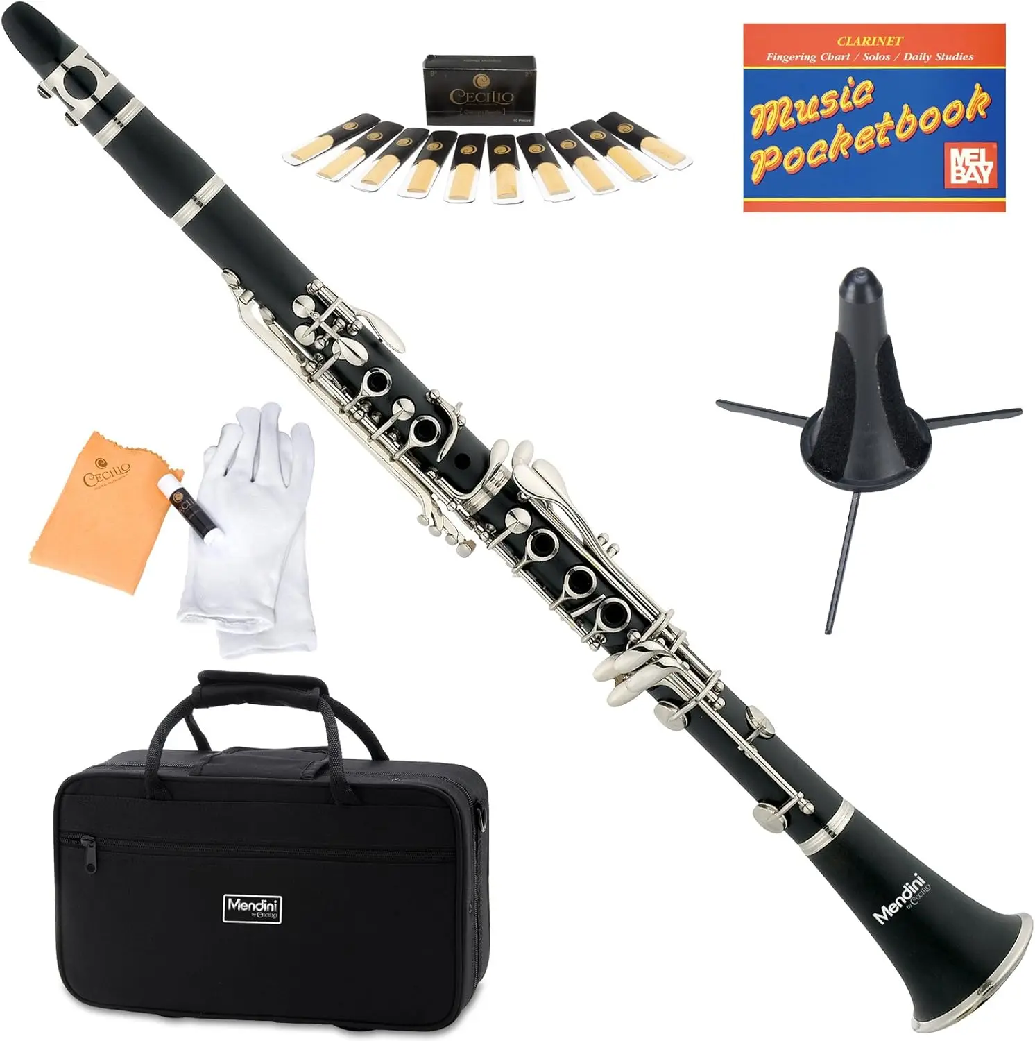 MCT-E+SD+PB Black Ebonite ABS B Flat Clarinet with Case, Stand, Pocketbook, Mouthpiece, 10 Reeds and More