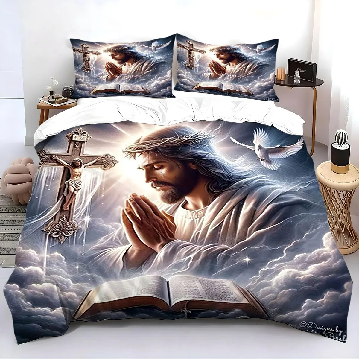 Christ Cross Bible Print Duvet Cover Set Soft Breathable Warm Christian Faith Bedding And All-Season Bedding with 2 Pillowcases