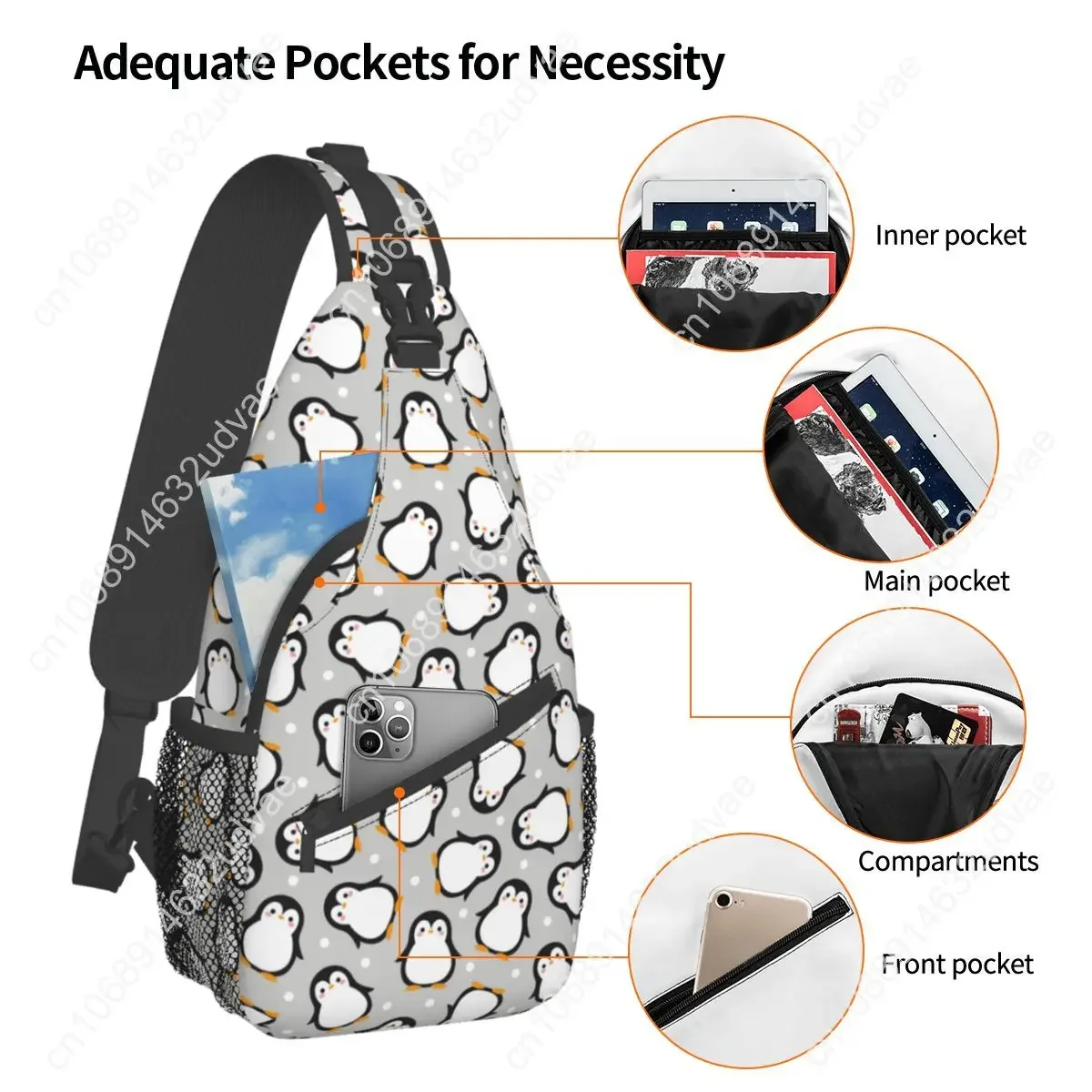 Cute Penguin Sling Bags Chest Crossbody Shoulder Backpack Outdoor Hiking Daypacks Cartoon Animal Casual Bags