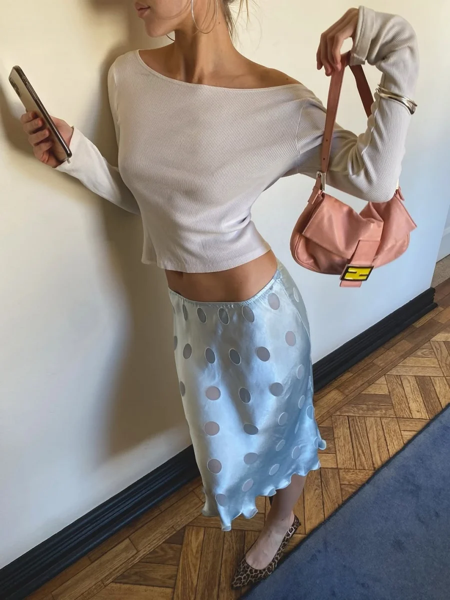 

Women Satin Polka Dot Midi Skirt Silky Elastic Waist Ruffle Hem Bodycon Slip Skirts