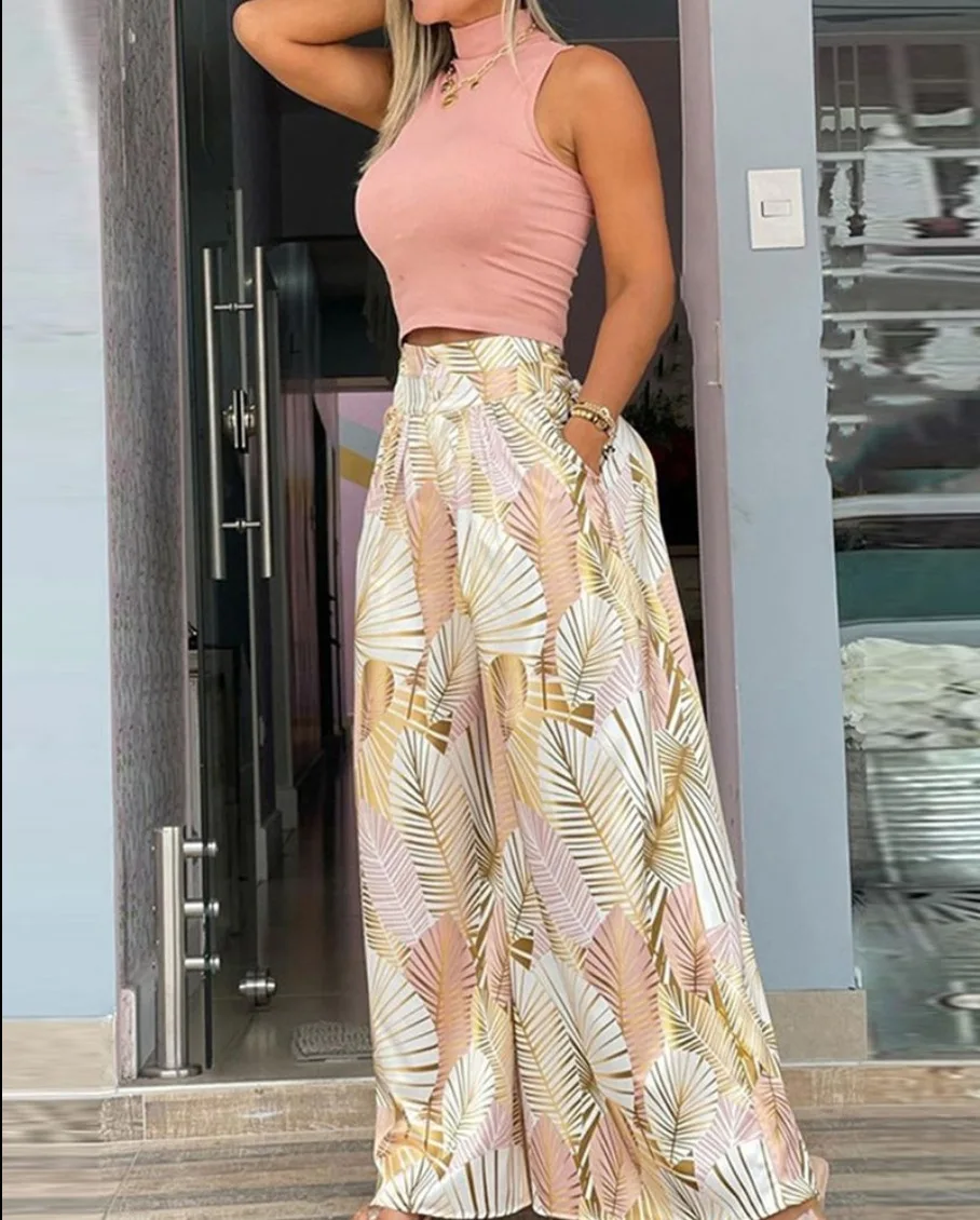 Elegant Round Neck Neck Floral Print Two Piece Set Summer Women Casual Commuting Wide-leg Trouser Suit Loose Office Lady Outfit