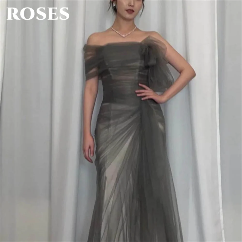 

ROSES Grey Off Shoulder Prom Dress Strapless Mermaid Evening Dresses Charmingly Pleated And Zipper Back فستان سهرة Customized