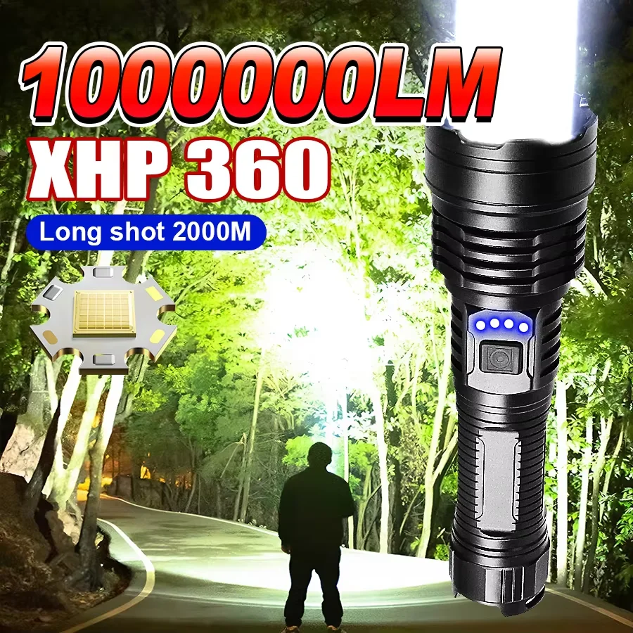 

Ultra Powerful 1000000LM Flashlight Rechargeable 18650 Torch High Power XHP360 LED Flashlight Work 12H Camping Tactical Lantern