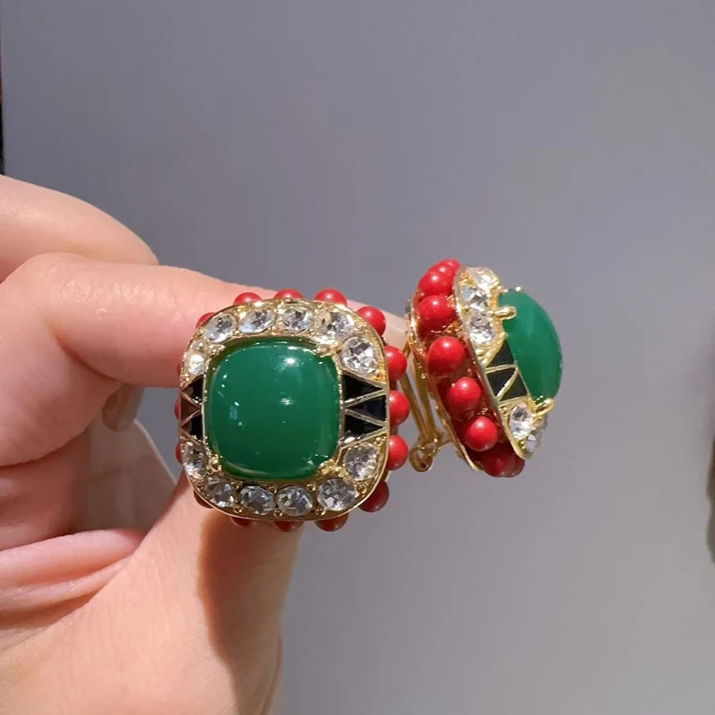 Square Vintage Green Stud Earrings Jewelry Red Rhinestone Gold Color Quality Wedding Accessories Natural Stone Quality New 2026