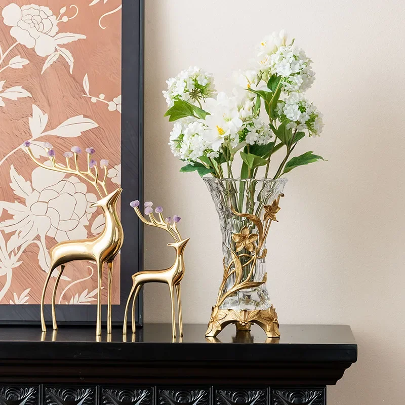 Crystal Glass Vase with Gold Brass Flower; Luxury Decorative Piece for Living Room or Entryway; Tabletop Decorative Vase.